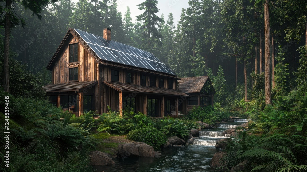 Rustic wooden house with solar panels nestled in lush forest Rustic wooden house with solar panels nestled in lush forest