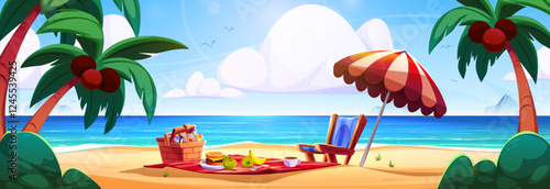 Beach picnic scene with wicker basket, sandwich and fruits on red blanket, lounger under striped umbrella. Sandy shore landscape surrounded by palm trees, blue ocean and white clouds in sunny sky.