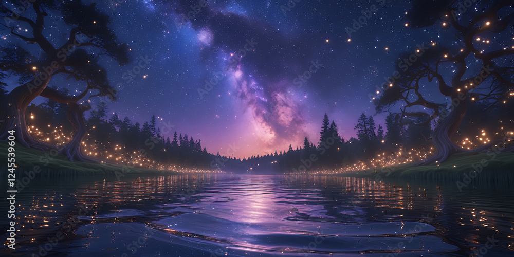 a vibrant constellation sprawled across the starry night sky above a lush, dense lake, created by generative ai