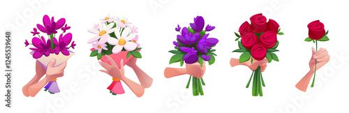 Hand hold bouquet set - various floral arrangements with roses, daisies and spring blossoms. Cartoon illustrations of palms grasping flower bunches. Gift presentation with green stems and blooms.
