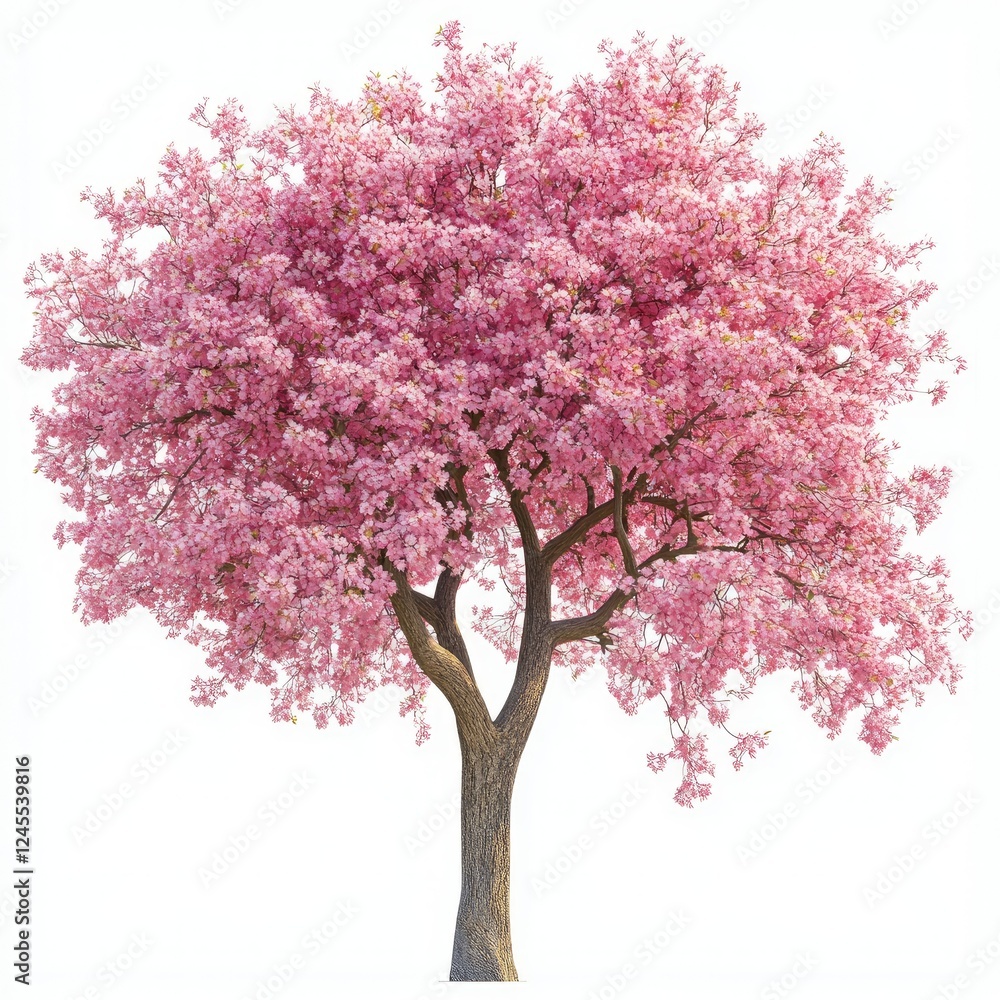 Fototapeta premium A beautiful pink tree in full bloom with pastel pink flowers, isolated against a white background