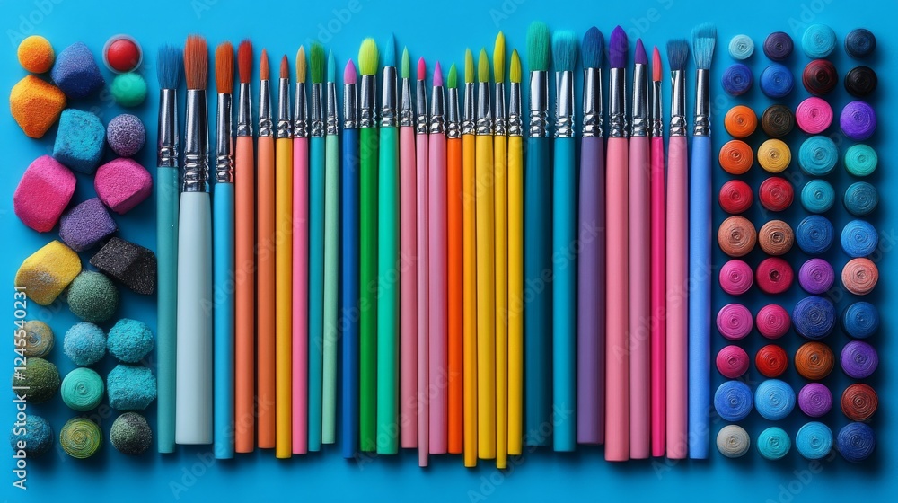 Naklejka premium Vibrant Rainbow of Artist Paintbrushes, Colorful Paint Pots, and Textured Decorative Elements for Creative Projects.