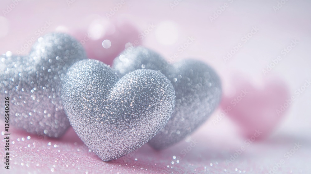 Fototapeta premium Shimmering Silver Hearts on Soft Pink Background for Valentine's Day