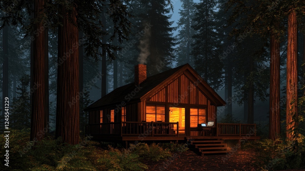 Cozy cabin in serene forest with warm glow and misty background Cozy cabin in serene forest with warm glow and misty background