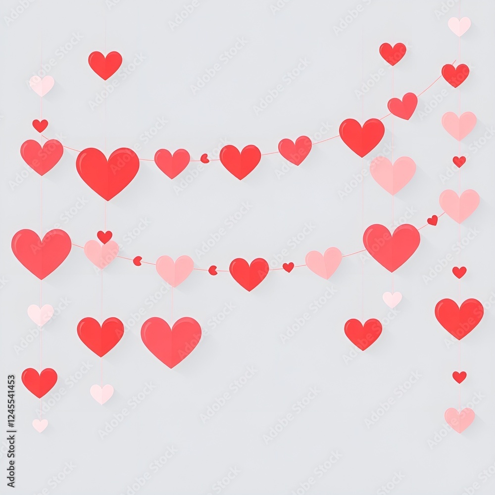 Modern flat design illustration of red, pink, and white heart garlands hanging against a background Modern flat design illustration of red, pink, and white heart garlands hanging against a background