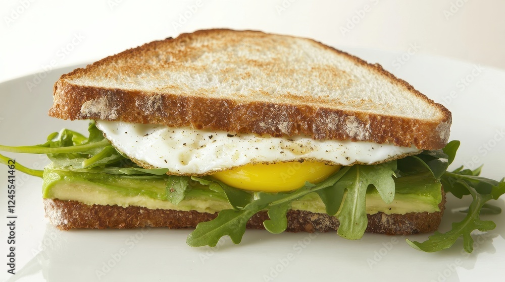 Avocado Sandwich with Fried Egg - sliced avocado and egg on toasted bread with arugula for healthy breakfast or snack.