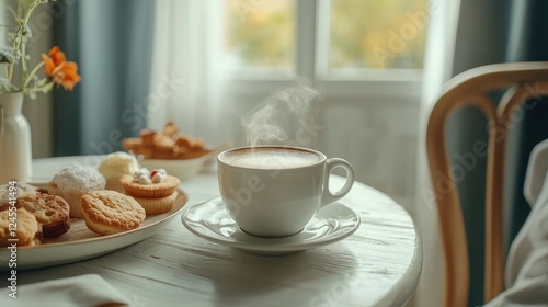 Wallpaper Mural Morning romantic breakfast. On a white wooden table: In a mug of hot coffee (steam comes out of it), cakes, cookies, bread, sugar. Nearby is a chair with a napkin. Breakfast concept. Torontodigital.ca