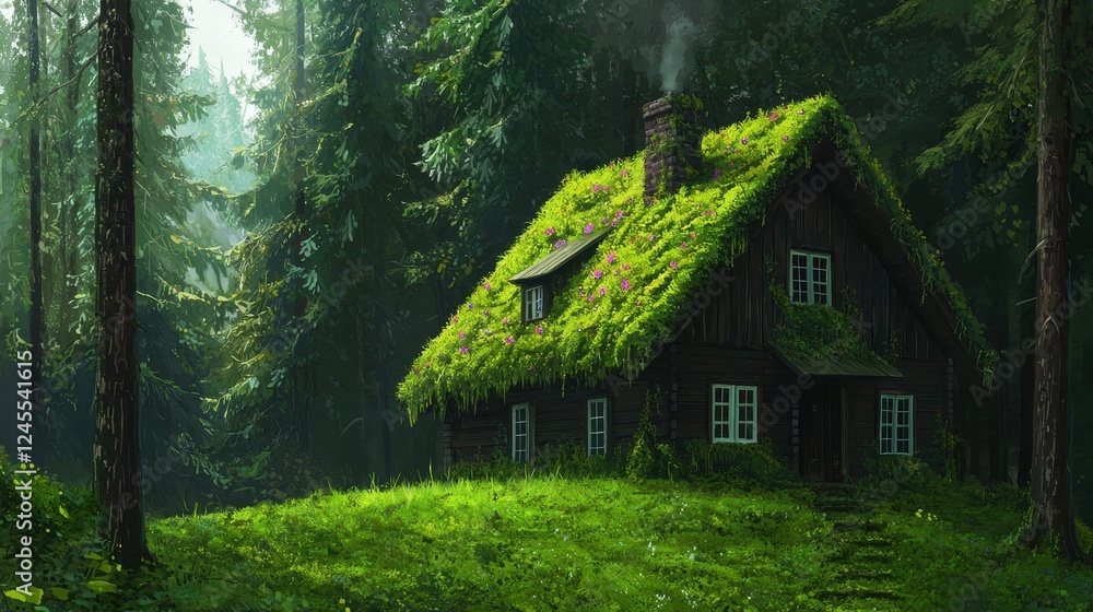 Cozy Cabin Surrounded by Lush Green Forest and Wildflowers Cozy Cabin Surrounded by Lush Green Forest and Wildflowers