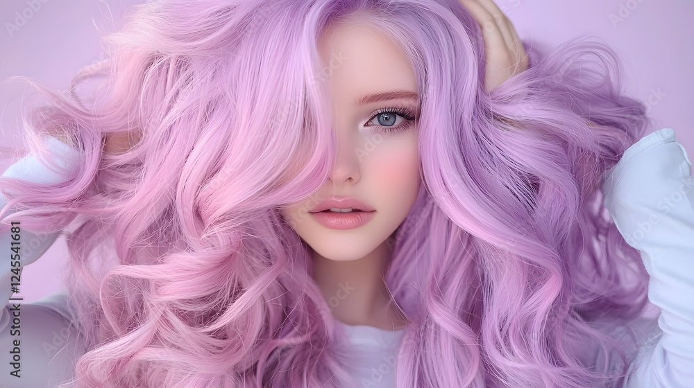 Striking and captivating portrait of a young woman with long flowing pink hair styled in a glamorous curly look against a pastel background The model s elegant pose makeup Striking and captivating portrait of a young woman with long flowing pink hair styled in a glamorous curly look against a pastel background The model s elegant pose makeup