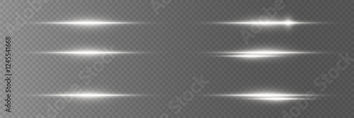 A set of white light lines and effects, dynamic flashes of horizontal rays. On a transparent background.