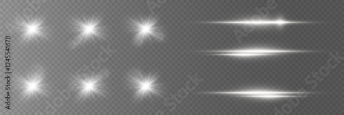 Glowing white light effect. Lens flare, sun flare, lines, stars, explosion. On a transparent background.