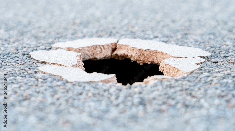 Asphalt road pothole damage, close-up view Asphalt road pothole damage, close-up view