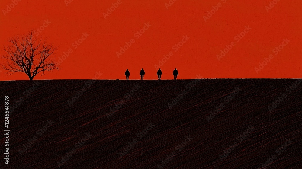 Obraz premium Silhouetted figures walking across a plowed field at sunset