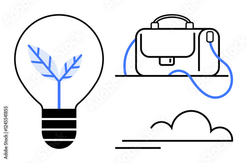 Light bulb with leaf symbolizing green ideas, briefcase for business, and cloud outline. Ideal for business strategy, eco-friendly enterprises, innovation, technology integration, growth, modern