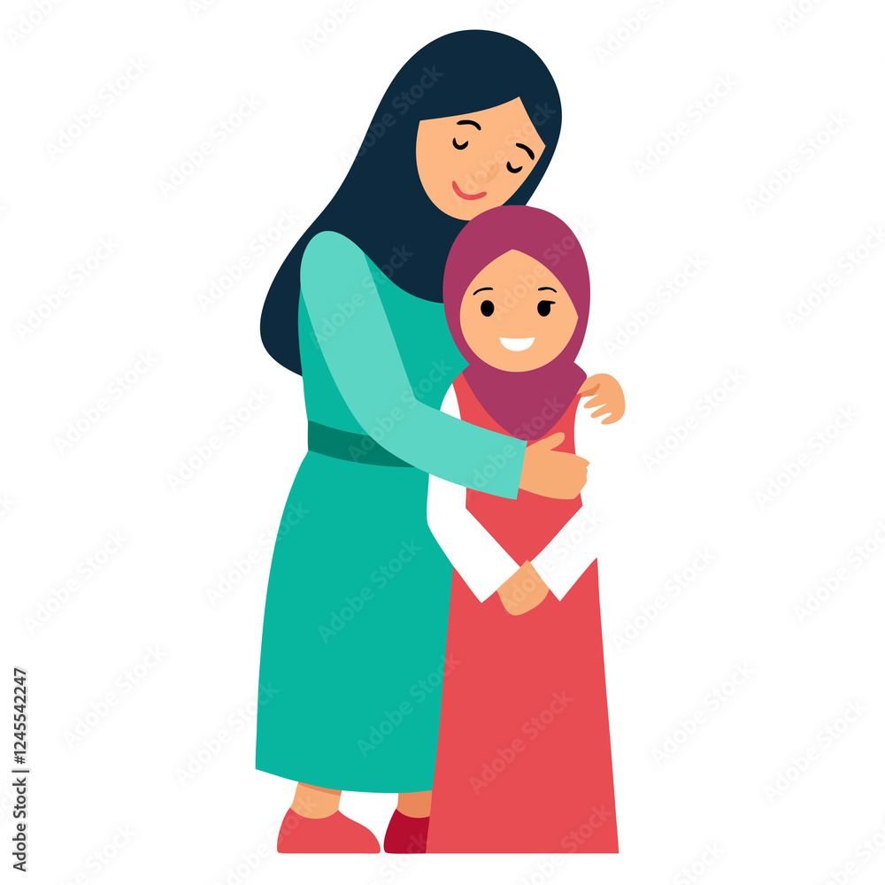 Muslim girl hugging her mother on Eid morning Muslim girl hugging her mother on Eid morning