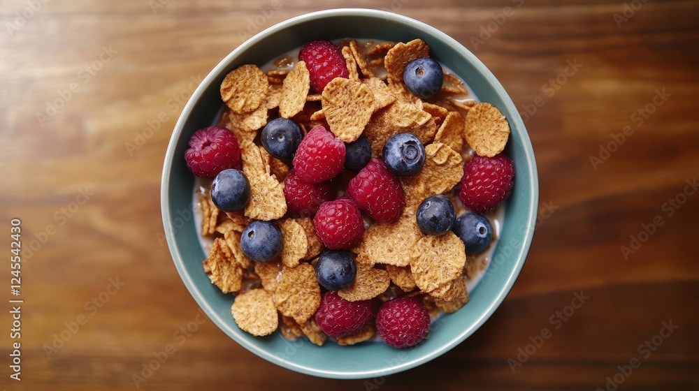 Healthy eating and dieting. Healthy breakfast, cereal, fresh berries and milk in a bowl with copy space, top view flat lay Healthy eating and dieting. Healthy breakfast, cereal, fresh berries and milk in a bowl with copy space, top view flat lay