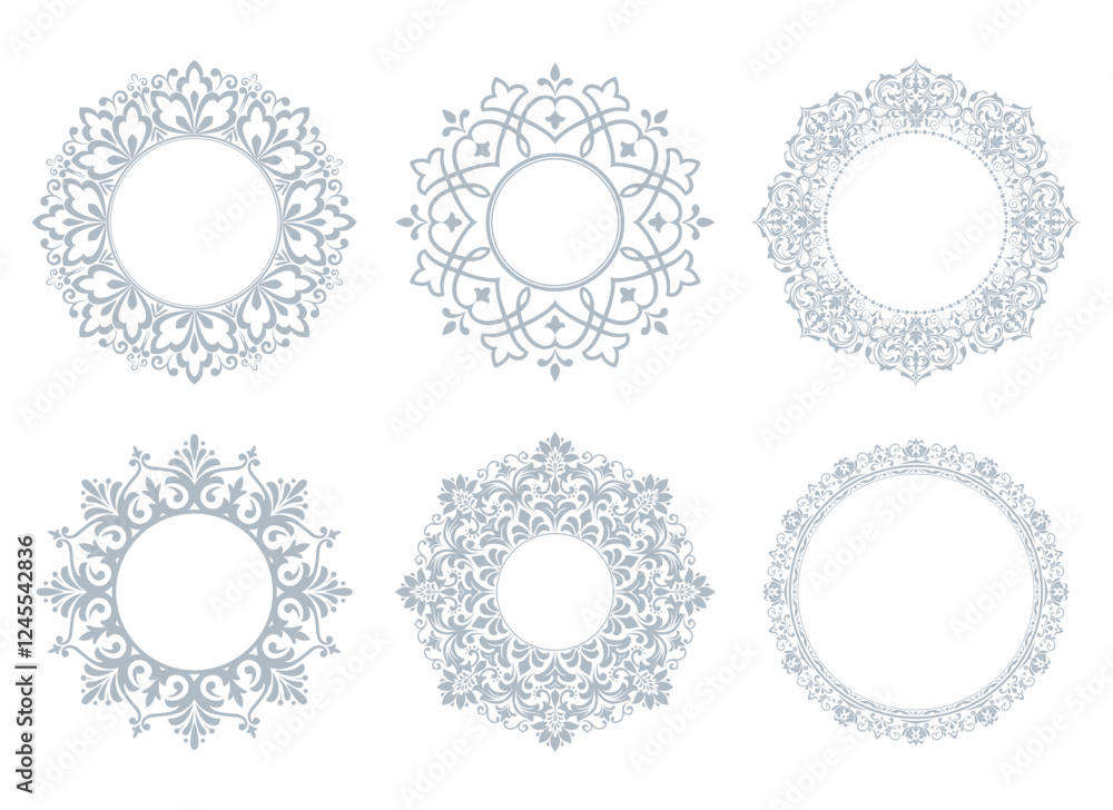 Set of decorative frames Elegant vector element for design in Eastern style, place for text. Floral gray and white borders. Lace illustration for invitations and greeting cards Set of decorative frames Elegant vector element for design in Eastern style, place for text. Floral gray and white borders. Lace illustration for invitations and greeting cards