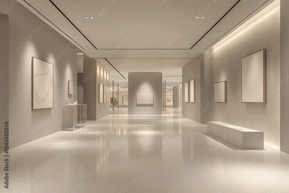 Contemporary empty gallery with dynamic soft lighting, minimalist style, ideal for virtual product displays in a sleek environment. Contemporary empty gallery with dynamic soft lighting, minimalist style, ideal for virtual product displays in a sleek environment.