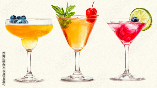 Wallpaper Mural A vibrant Watercolor of three colorful cocktails garnished with fruits and herbs, perfect for summer gatherings. Torontodigital.ca