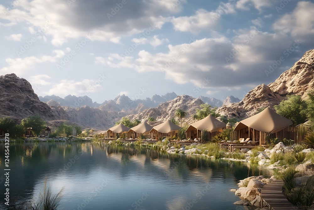 Naklejka premium Tent in the middle of the desert with mountains in the background