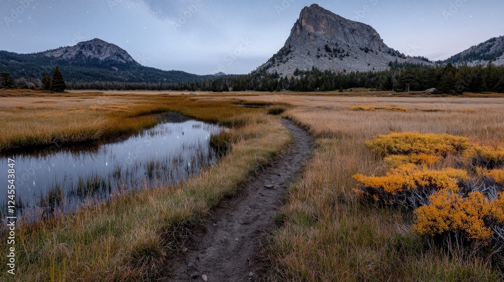Autumnal trail meanders through meadow, mountains at dusk, stars reflecting Autumnal trail meanders through meadow, mountains at dusk, stars reflecting