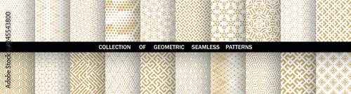 Geometric set of seamless golden and white patterns. Simple vector graphics