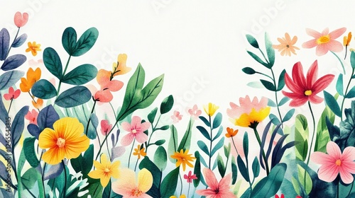 Wallpaper Mural A colorful watercolor illustration of blooming flowers and lush plants, with a white background for contrast Torontodigital.ca