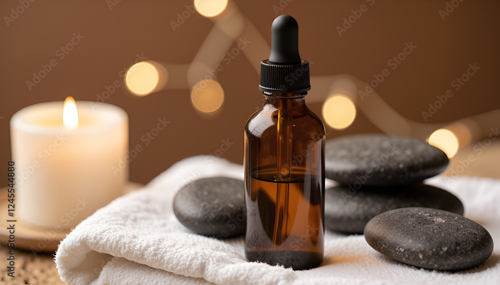 Amber essential oil bottle with candle and spa stones - Relaxing spa treatment for aromatherapy Amber essential oil bottle with candle and spa stones - Relaxing spa treatment for aromatherapy