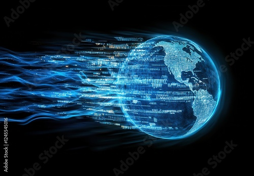 Wallpaper Mural High-Tech Digital Representation of a Spinning Globe with Binary Code and Flowing Light Effect on a Black Background Torontodigital.ca