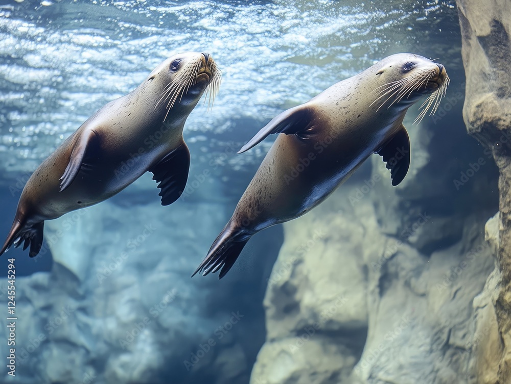 Graceful Sea Lions Swimming Together in Clear Water, Aquatic Mammals Graceful Sea Lions Swimming Together in Clear Water, Aquatic Mammals
