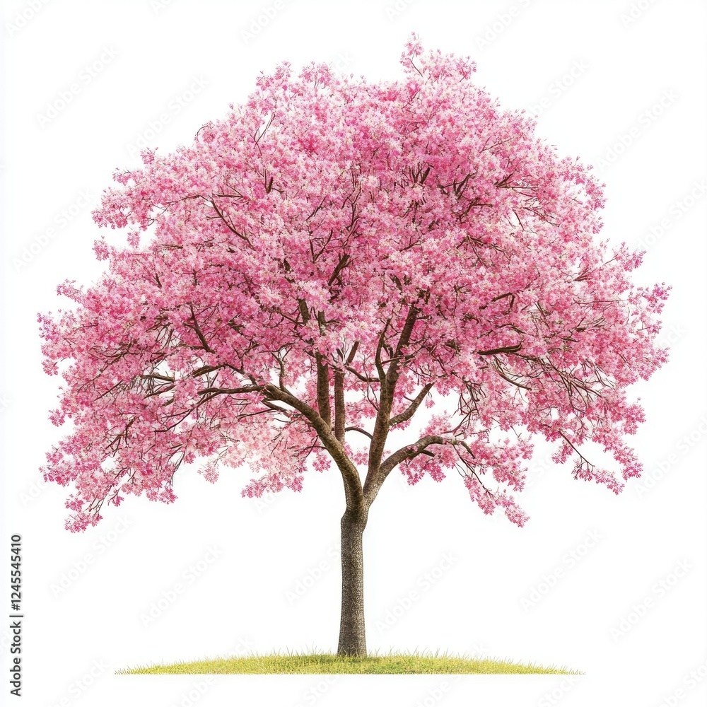 Fototapeta premium A full view of a pink tree with cascading pink blossoms, isolated on a clean white background