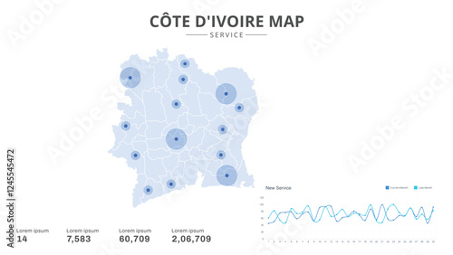 Service centers are highlighted within the of Cote d'Ivoire Infographic map. Business Infographic Map of Cote d'Ivoire. Vector Map of a Cote d'Ivoire map. Easy to edit