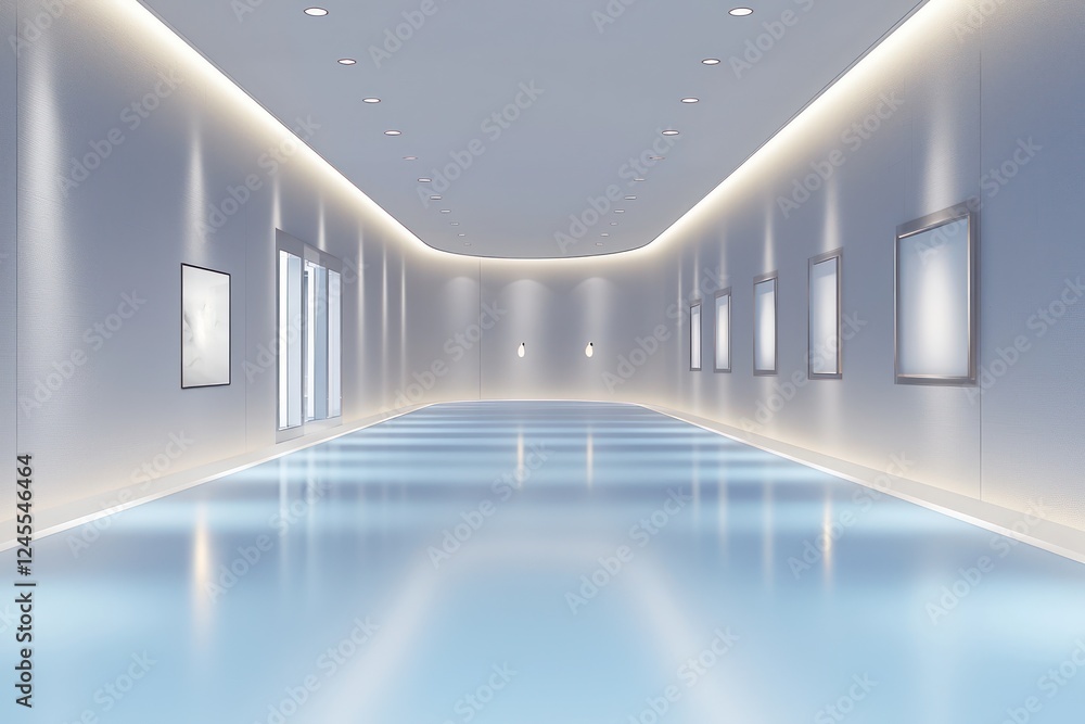 Obraz premium Minimalist gallery interior with blue floor lighting and soft lighting, offering a modern, sleek design ideal for virtual presentations.