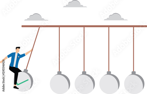 Businessman swings completed checkbox to impact pendulum. Checklist, to do list to finish work, task completion or project management, plan or work progress checklist