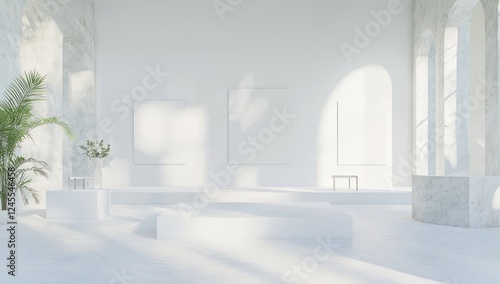 Contemporary gallery space with blank display areas on white walls, soft lighting, and a minimalist design for showcasing art.