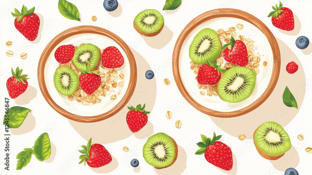Natural yogurt with granola, kiwi and strawberries in a wooden bowl on a light background with fresh berries and fruits. Healthy and nutritious breakfast concept. Top view and copy space. Natural yogurt with granola, kiwi and strawberries in a wooden bowl on a light background with fresh berries and fruits. Healthy and nutritious breakfast concept. Top view and copy space.