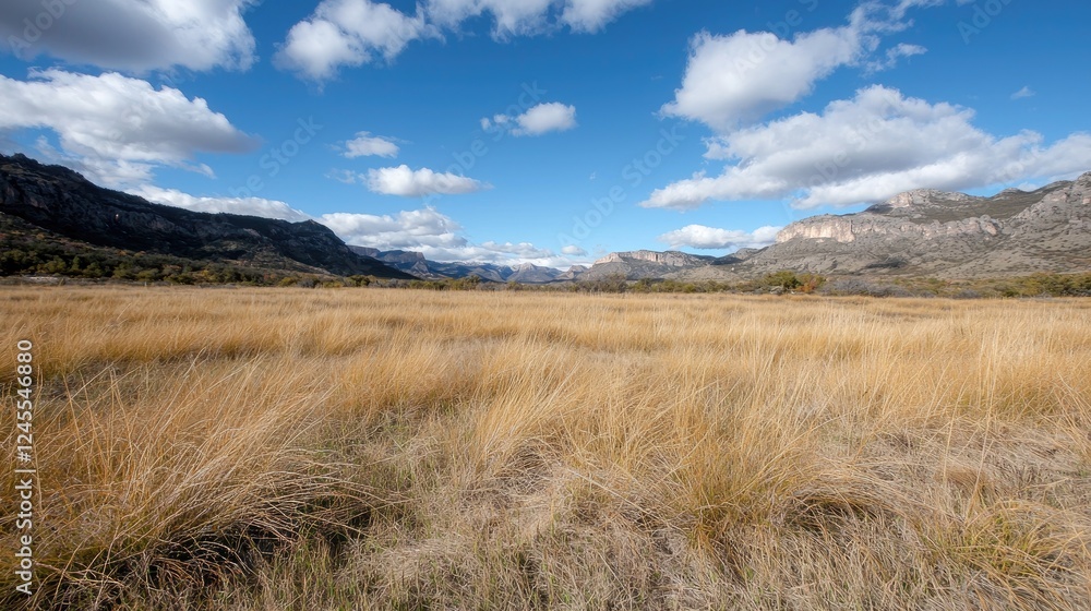 Sunny autumn valley meadow, mountains backdrop