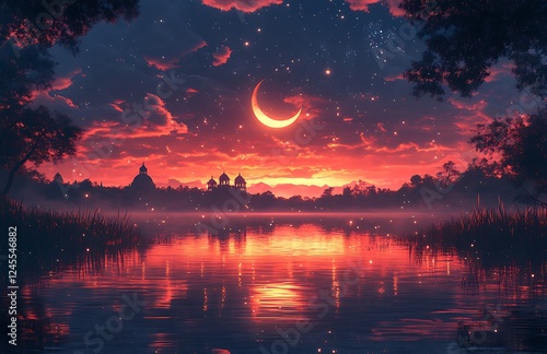 Majestic mosque against a vibrant sunset with a rising crescent moon
