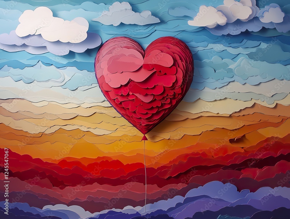 Fototapeta premium Happy Valentine's Day paper art with heart balloon in sky