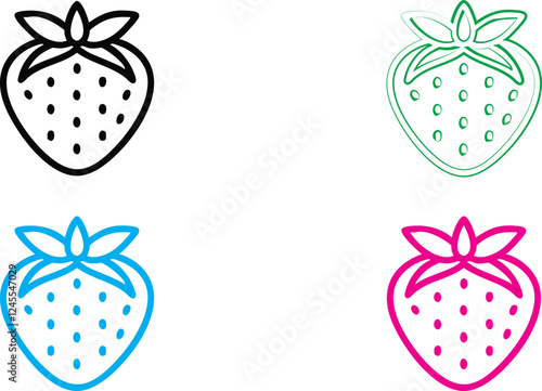 Minimalist strawberry icons, simple line drawings, four color variations, black white green blue pink, clean geometric shapes, outline style, playful fruit design, vector graphics, symmetrical berry i