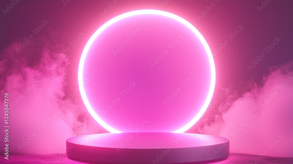 Clean 3D space with abstract neon light patterns and a podium, soft lighting ideal for modern product displays. Clean 3D space with abstract neon light patterns and a podium, soft lighting ideal for modern product displays.