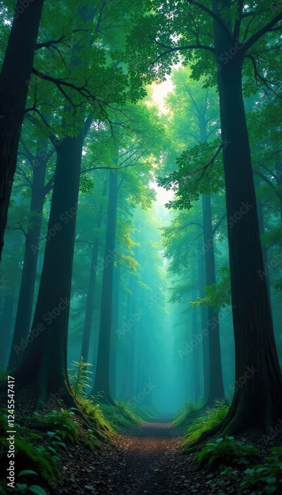 Naklejka premium The canopy above is a kaleidoscope of greens and blues, forest atmosphere, forest floor, trees