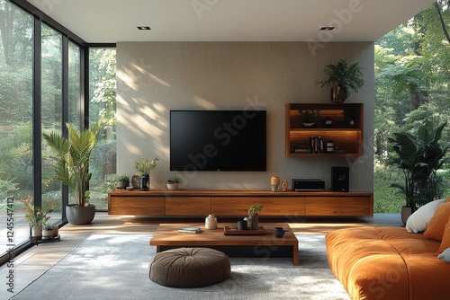 Modern oak TV unit with black frame, two drawers, and one door, designed for large-screen TVs up to 50 inches. Contemporary wooden structure with a natural look, placed in a living room setting.