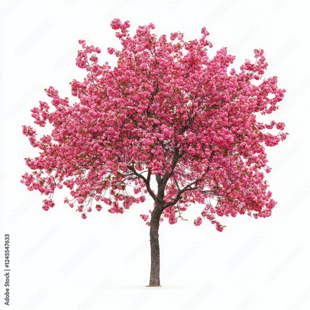 Fototapeta premium A pink tree with bright pink blossoms, isolated on a stark white background, highlighting its beauty