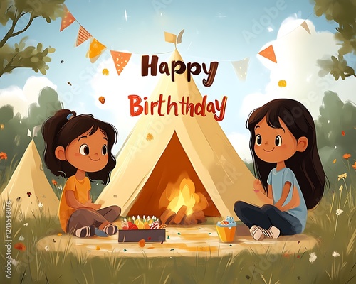 Two girls celebrating birthday near campfire.