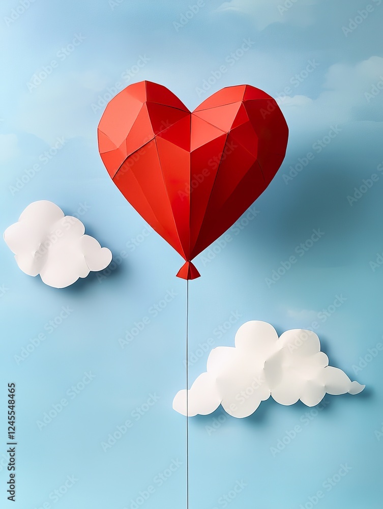 Obraz premium Vertical paper art with heart balloon in sky Happy Valentine's Day