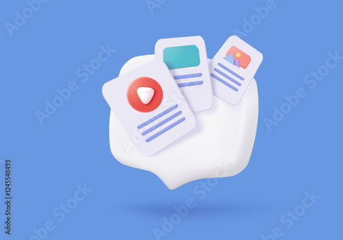 3D media data with video and photo gallery library. Searching image and video files in database. Document management soft, document form, compound docs concept. 3d file icon vector render illustration
