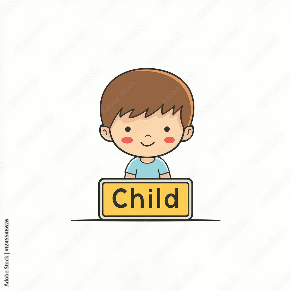 A cheerful cartoon child smiles while holding a sign labeled A cheerful cartoon child smiles while holding a sign labeled