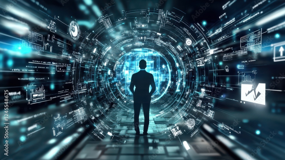 Businessman in futuristic digital tunnel Businessman in futuristic digital tunnel