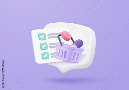 3d pharmacy with first aid kit and medical equipment. Medicine order check list with mobile phone and shopping bag concept of healthcare. 3d drug store and e-commerce icon vector render illustration
